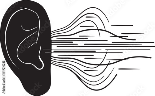 Abstract of a human ear with sound waves emanating outwards, symbolizing hearing, listening, communication, sound, audio, and the transmission of information in a dynamic also transparent background