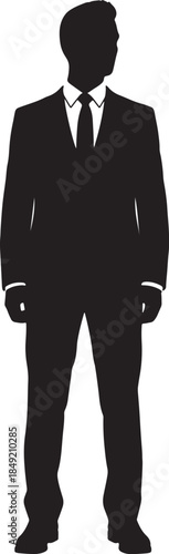 Silhouette of a man in a formal suit standing confidently with his hands at his sides, looking to the right, representing business professionalism and executive presence also transparent background
