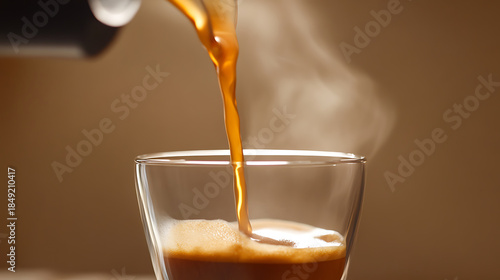 Golden stream: fresh coffee pours into a glass, steam rising, promising warmth and delight, encapsulating a moment of perfect caffeinated bliss. Indulge in the rich aroma
