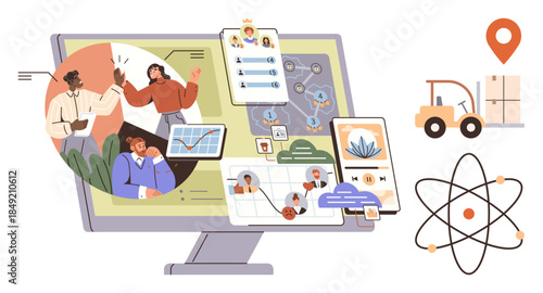 People collaborating on tasks via digital platforms, screens showing logistics charts, scientific data, maps, and a forklift by storage. Ideal for digital collaboration, teamwork, logistics, science
