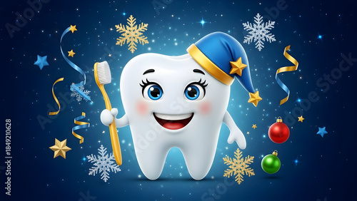 A cheerful cartoon tooth in a festive holiday setting with a party hat