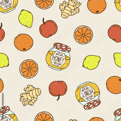 Honey jar and fruits seamless pattern. Oranges and lemons line art wallpaper. Ginger and apple hand drawn background
