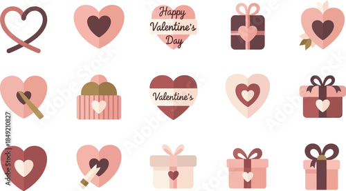 Romantic Valentine's Day Hearts and Gift Icons in Soft Pink Tones.
