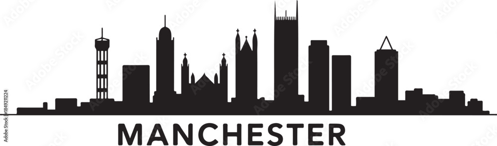 Obraz premium Manchester skyline Black vector illustration. Travel poster. design Vector black silhouette