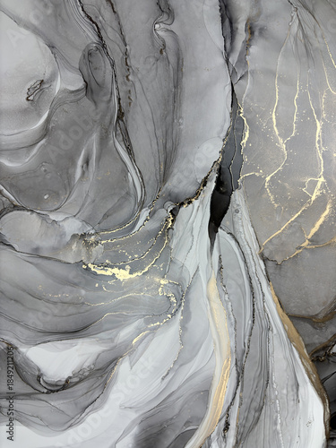 Abstract grey background with gold — black and white fluid art texture made with alcohol ink and golden potal. Beautiful gray natural art backdrop resembles marble, wing, aquarelle, water, splash.