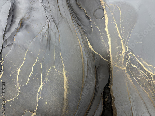 Abstract grey background with gold — black and white fluid art texture made with alcohol ink and golden potal. Beautiful gray natural art backdrop resembles marble, wing, aquarelle, water, splash.
