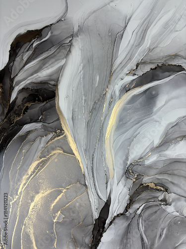 Abstract grey background with gold — black and white fluid art texture made with alcohol ink and golden potal. Beautiful gray natural art backdrop resembles marble, wing, aquarelle, water, splash.