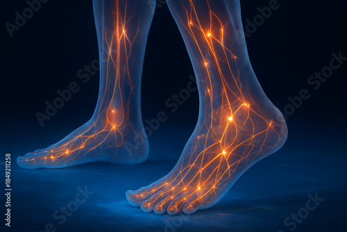 Human feet with glowing neural pathways highlighting nervous system network medical anatomy healthcare and neuropathy pain illustration
