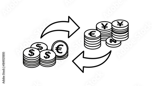 Currency Exchange: A simplified visual depicts the dynamic of currency exchange, with stacks of coins representing dollars, euros, yen, and other currencies exchanging, symbolized by arrows.