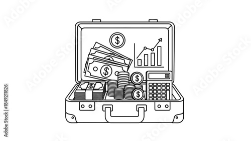 Financial Fortress: An open briefcase, overflowing with wealth, showcases stacks of cash, a calculator, rising financial graphs and valuable assets