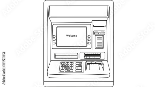 Modern Financial Access Point: A detailed illustration of an automated teller machine (ATM), depicting a financial hub for global banking activities.