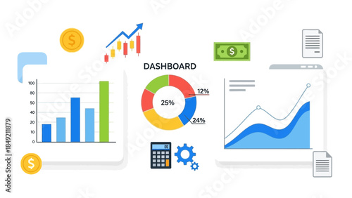 Financial Dashboard: A comprehensive financial dashboard showcases key performance indicators (KPIs) through colorful charts and graphs, representing data visualization and business analytics.
