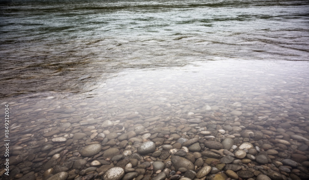 Obraz premium Rippling water over smooth stones in a serene riverbed at dawn