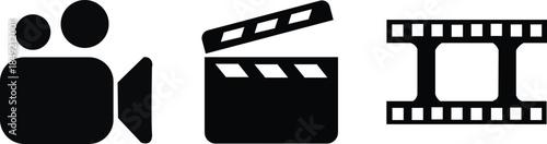 video camera clapperboard film strip icon set movie production cinema recording media symbol design isolated on white background.