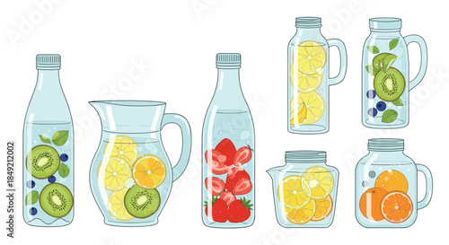Set of glass bottles pitchers and jars filled with healthy and refreshing fruit-infused detox water for a healthy lifestyle.