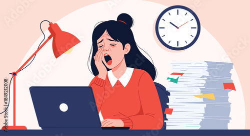 Exhausted and sleepy woman yawning at her desk with a laptop and a large pile of paperwork indicating burnout or overwork.