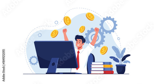 Happy businessman celebrates financial success with falling gold coins as he emerges from his computer with his arms raised.
