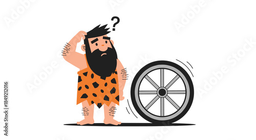 A confused and primitive caveman with a question mark above his head looks puzzled at a spinning wheel he just invented.