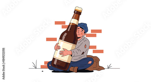 A happy but poor homeless man in ragged clothes sits on the street and lovingly hugs a giant bottle of beer.