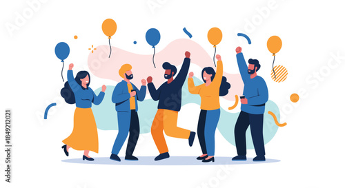 Diverse group of happy friends or colleagues dancing and celebrating at a party with balloons and confetti all around.