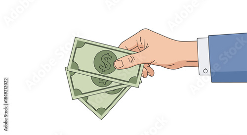 A businessman's hand in a suit sleeve holding and offering several dollar bills in a concept of payment or bribery.