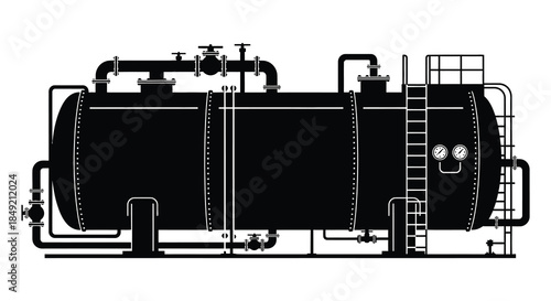 Detailed industrial tank design illustration featuring pipes valves and access points a black silhouette