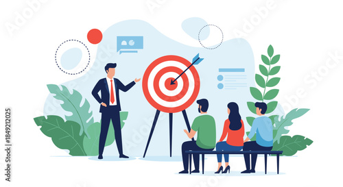 Businessman presenting a business strategy to an audience by pointing to a large target with an arrow in the bullseye.
