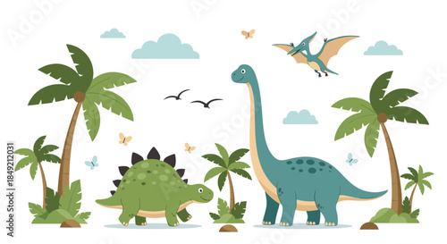 A peaceful prehistoric landscape with a brachiosaurus stegosaurus and pterodactyl among palm trees and butterflies.