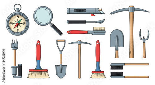 Set of archeology tools and equipment for excavation including a shovel pickaxe brushes a compass and a magnifying glass.