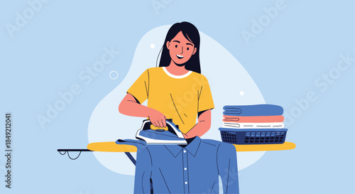 Happy young woman ironing a blue shirt on an ironing board as part of her daily household chores and laundry routine.