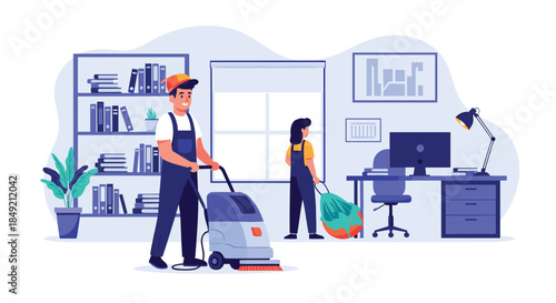 Professional cleaning service team with a man using a floor scrubber and a woman taking out the trash in an office.