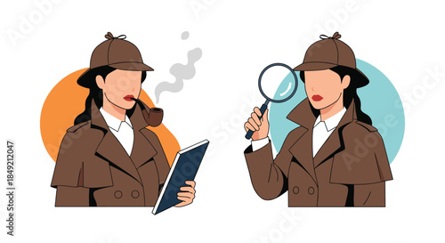 Classic female detective character in two poses smoking a pipe while reading a book and examining clues with a magnifier.