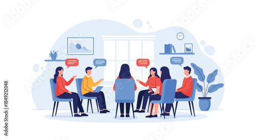 Group of people sitting in a circle and talking during a group therapy session with a psychologist for mental support.