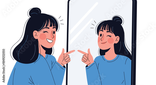 Happy and confident young woman looking at her winking reflection in the mirror promoting concepts of self-love and esteem.