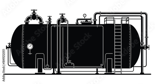 Detailed industrial tank with valves pipes and a ladder presented as a striking silhouette