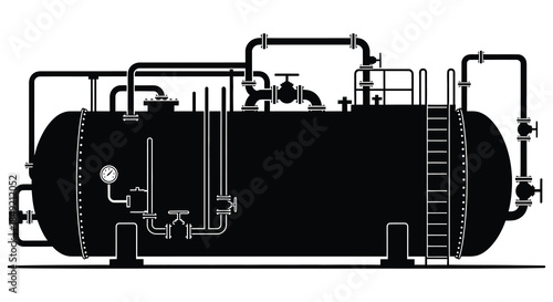 industrial machinery diagram showing a large pressure vessel with pipes and valves silhouette