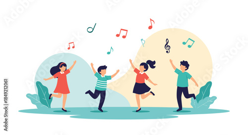 Four happy children dancing and jumping joyfully outdoors with musical notes floating around them in a park setting.