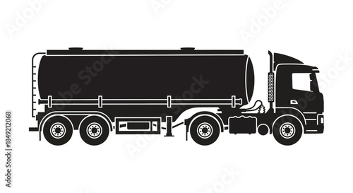 A striking black and white side view of a tanker truck a bold silhouette