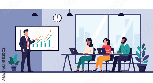 A businessman giving a presentation in a modern office to a diverse team of colleagues showing a rising growth chart.