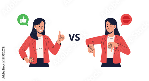 A woman shown in two poses giving a thumbs up for positive feedback and a thumbs down for negative feedback in comparison.