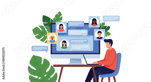 Man at a desk with a laptop communicates online with colleagues or friends through a chat application on a large computer monitor.