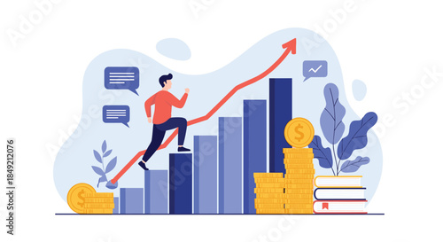 Man running up a bar chart that is also a staircase towards success with coins and books symbolizing growth and knowledge.