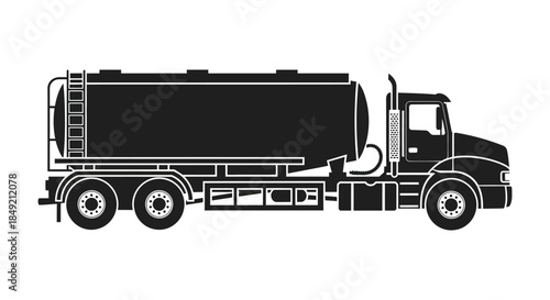 Detailed side view of a black tanker truck showcasing its form as a striking silhouette