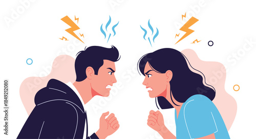 An angry man and woman yelling at each other with fury expressing relationship conflict disagreement and negative emotions vector style.