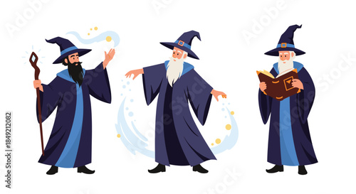 A character set of a wise old wizard in three different poses casting spells holding a staff and reading a magic book of sorcery.