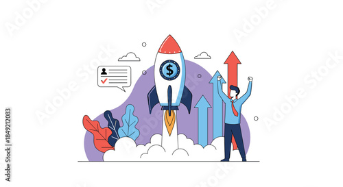 A happy businessman celebrating the successful launch of a new startup as a financial rocket takes off towards upward growth arrows.