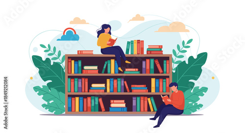 A young man and woman enjoy reading books together sitting on and beside a large colorful bookshelf in a peaceful nature setting.