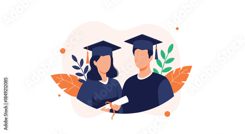 Two happy university graduates a man and woman in academic caps and gowns holding a diploma celebrating their educational achievement.