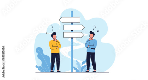 Two confused men stand before a crossroads signpost with blank arrows trying to make a difficult decision about which path to take.