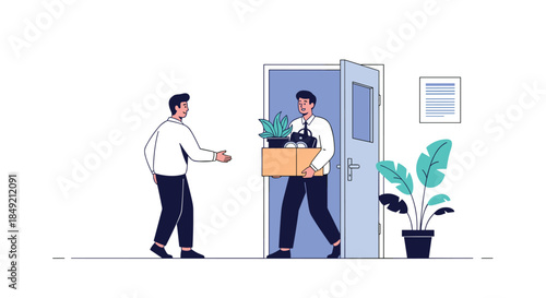 A male employee carrying a box of personal belongings is leaving the office after quitting or being fired from his job farewell.